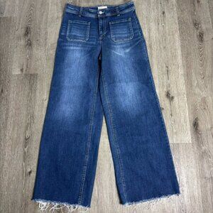 OAT New York Jeans Women's 8/29 Blue Wide Leg Raw Hem Patch Pocket Stretch Denim